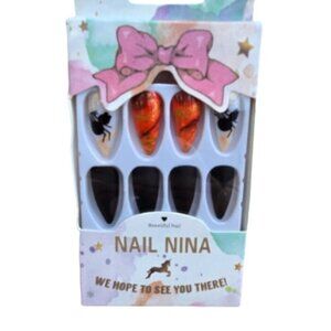 Press On Nails Spider Orange Marbled Black Matte Stiletto NWT